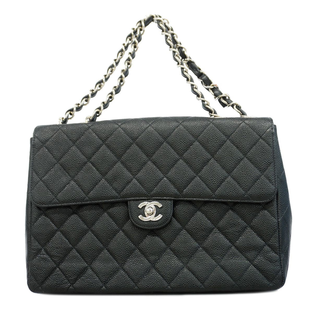 Chanel Shoulder Bag Maxi Quilted Caviar Leather Black Silver