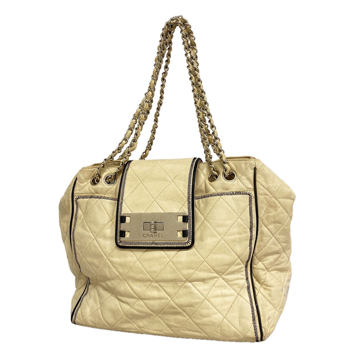 Chanel Chain Tote Bag 2.55 Quilted Leather Ivory Silver