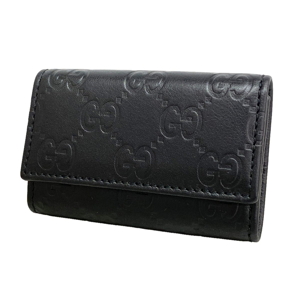 Gucci Key Case Guccissima Leather Black Champagne Gold Key Holder