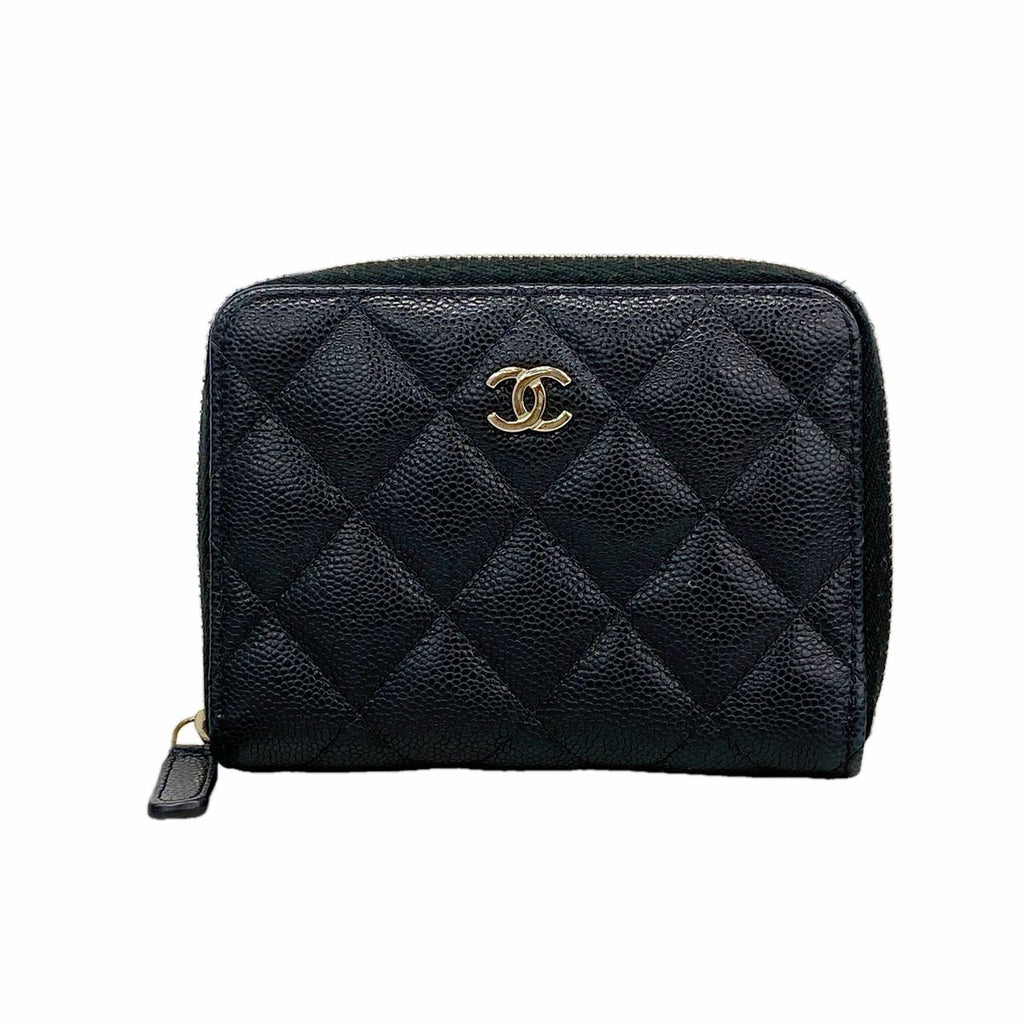 Chanel Wallet Quilted Caviar Leather Black Champagne Gold