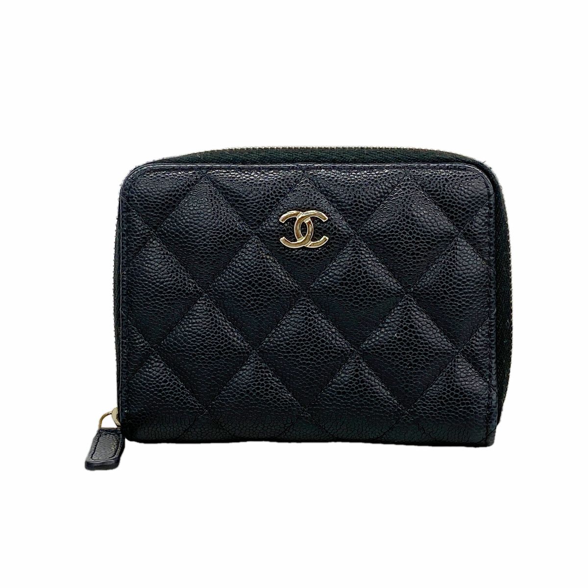 Chanel Wallet Quilted Caviar Leather Black Champagne Gold