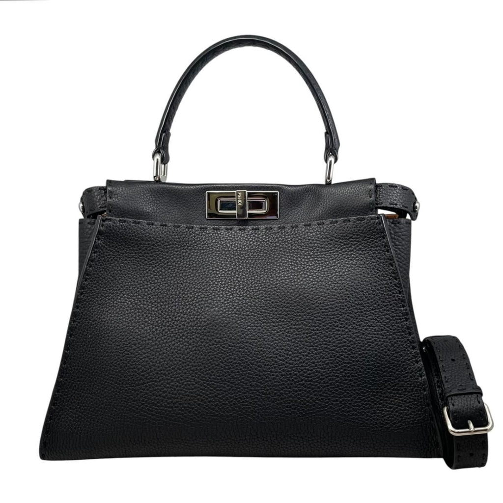 Fendi Tote Shoulder Bag Peekaboo Medium Selleria Calfskin Black Silver
