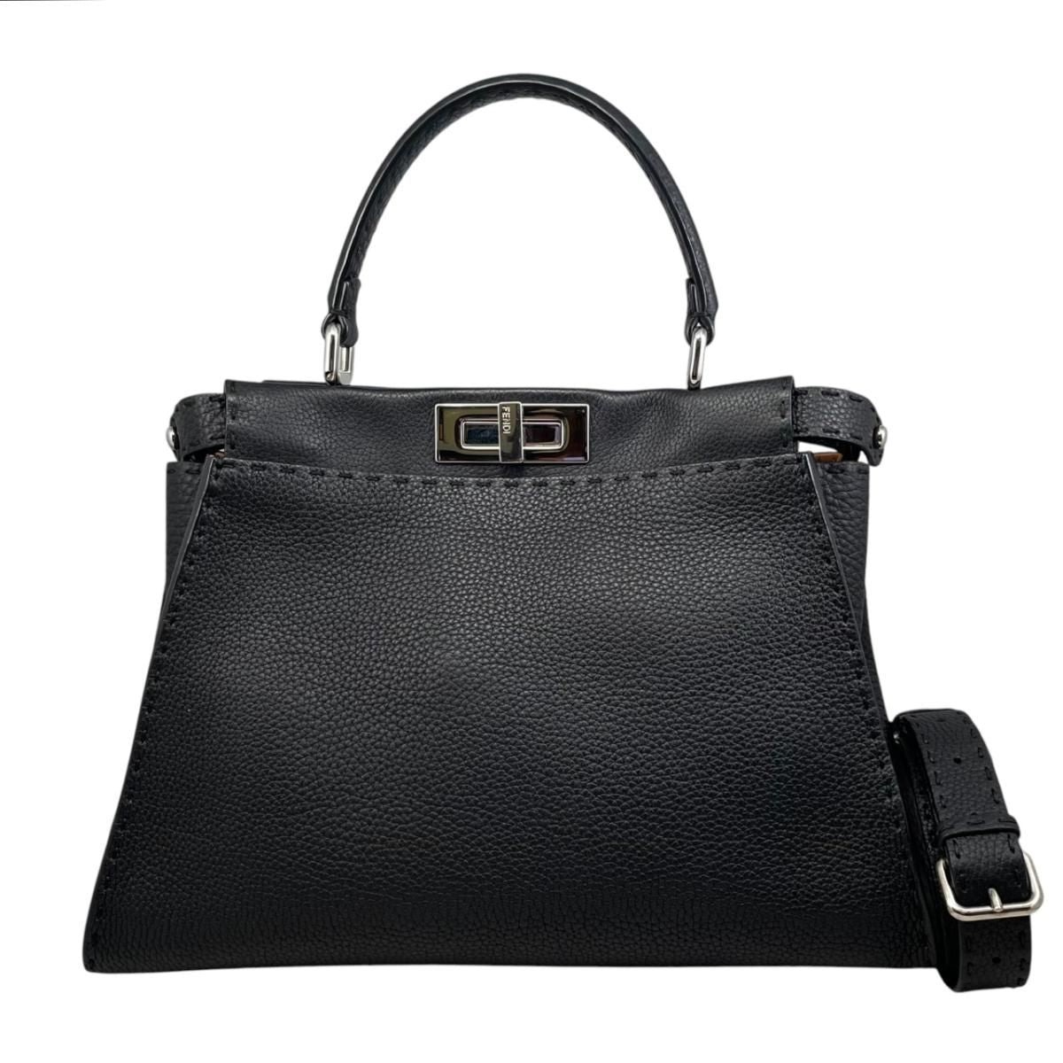 Fendi Tote Shoulder Bag Peekaboo Medium Selleria Calfskin Black Silver