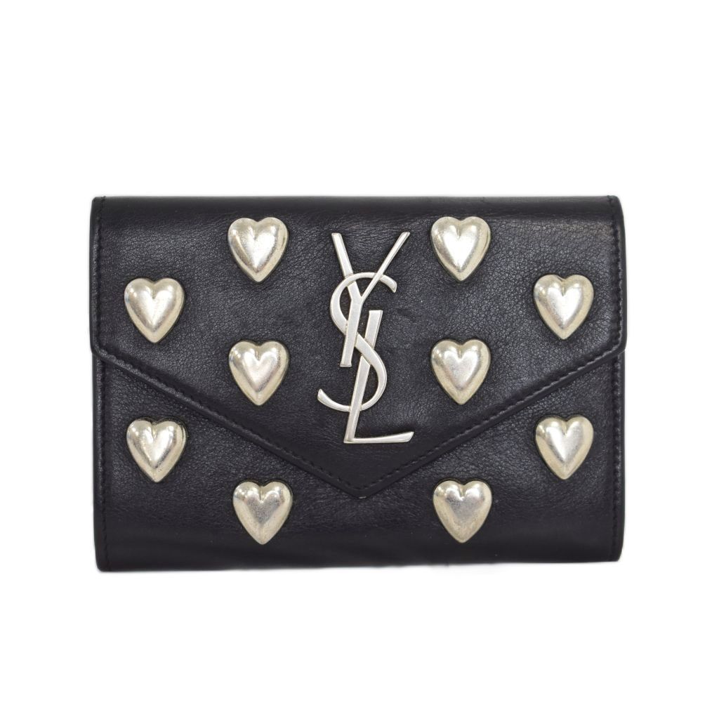 Saint Laurent Paris Heart Studs Cassandra Logo Card Case Business Leather Black