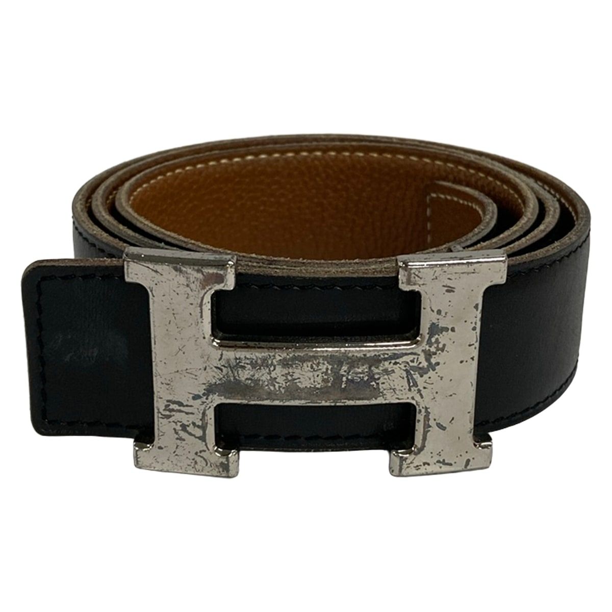 Hermes Belt 85 H Black Gold Silver Leather