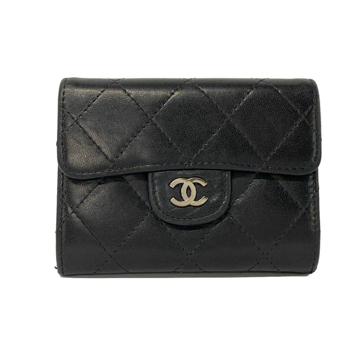 Chanel Coin Purse Quilted Black Silver Lambskin