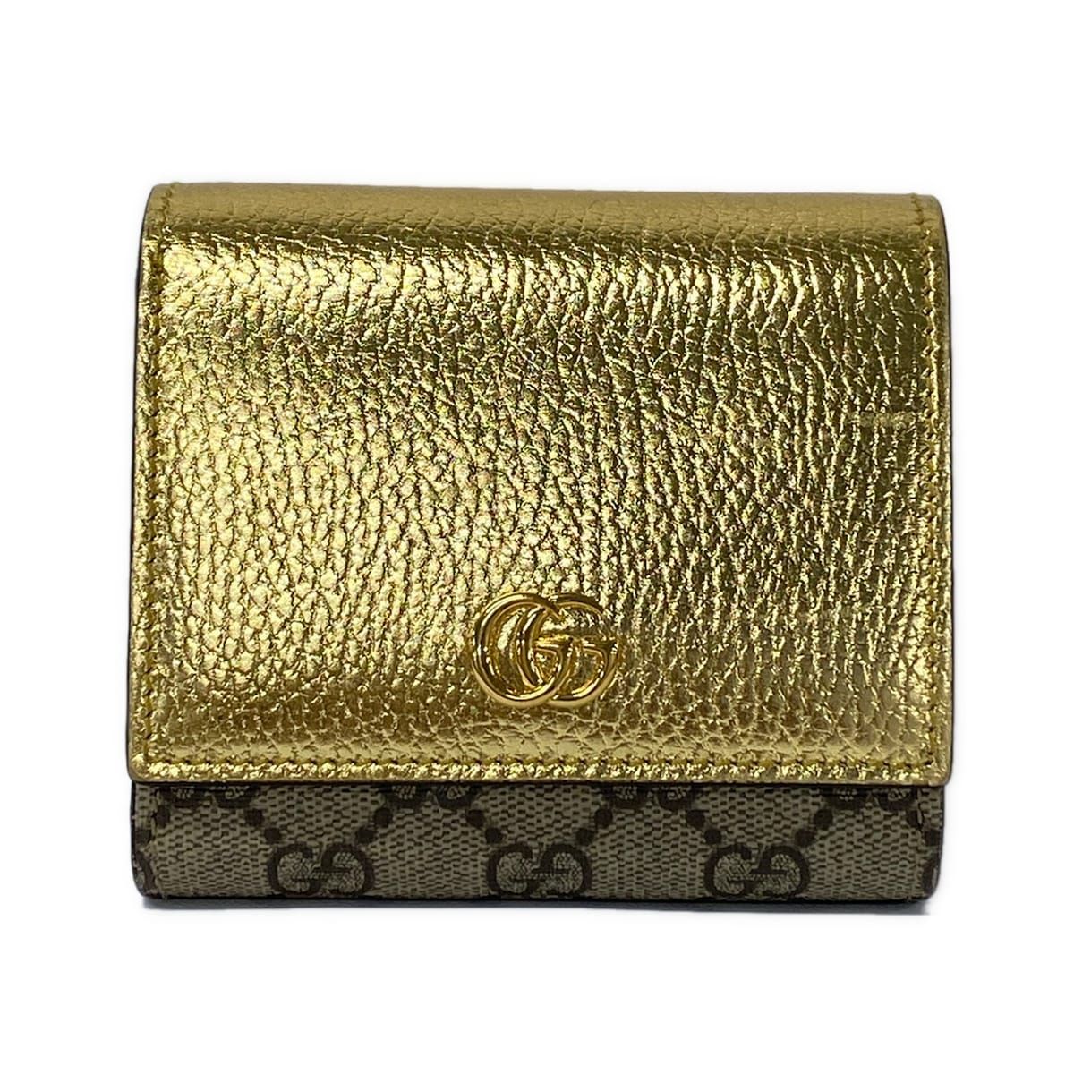 Gucci Bifold Wallet GG Marmont Beige Gold Leather