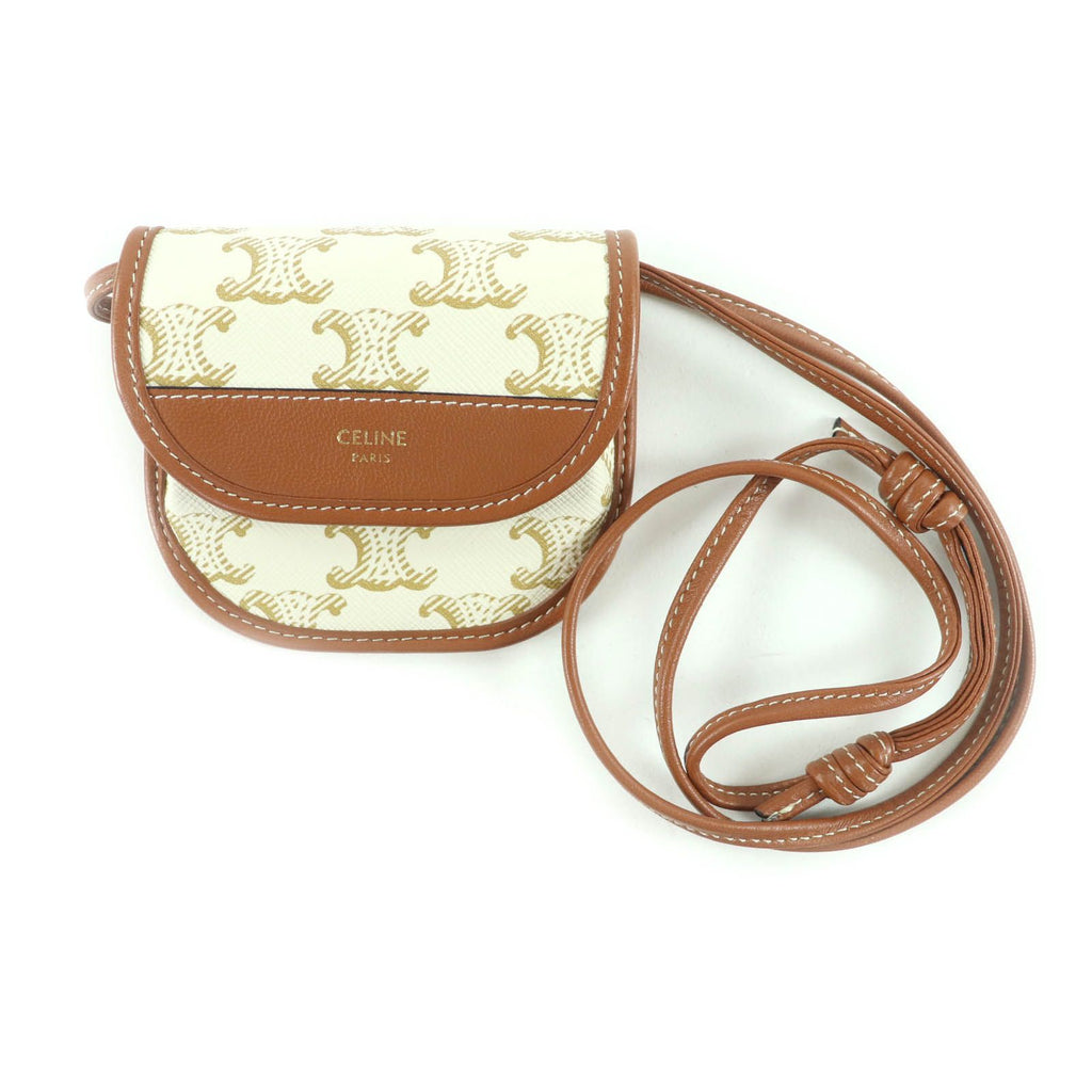 Celine Triomphe Logo Leather Coin Purse Wallet White Brown