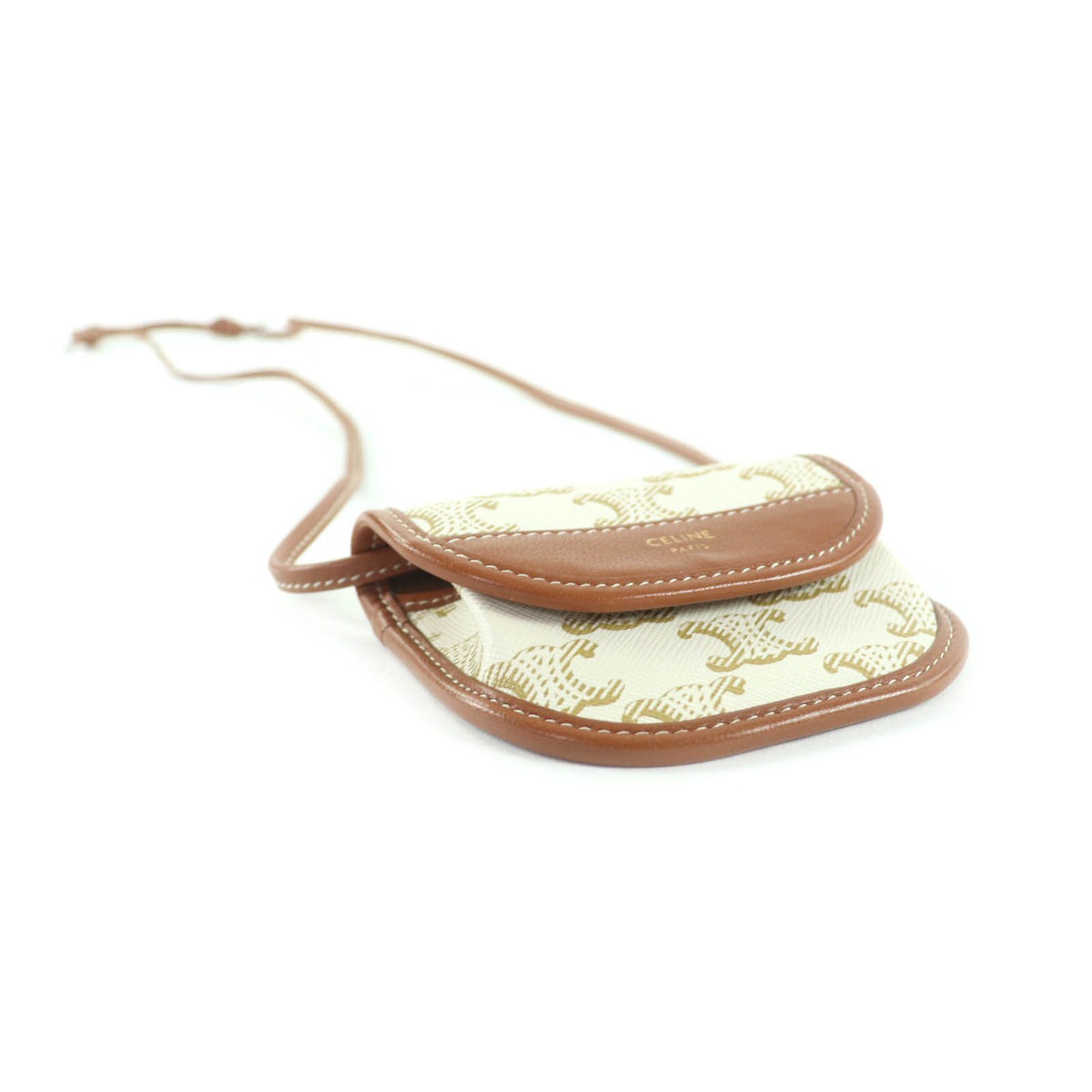 Celine Triomphe Logo Leather Coin Purse Wallet White Brown — view 3