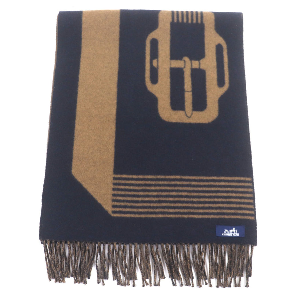Hermes Sangle Boucle Cashmere 100% Jacquard Fringe Large Shawl Scarf Navy