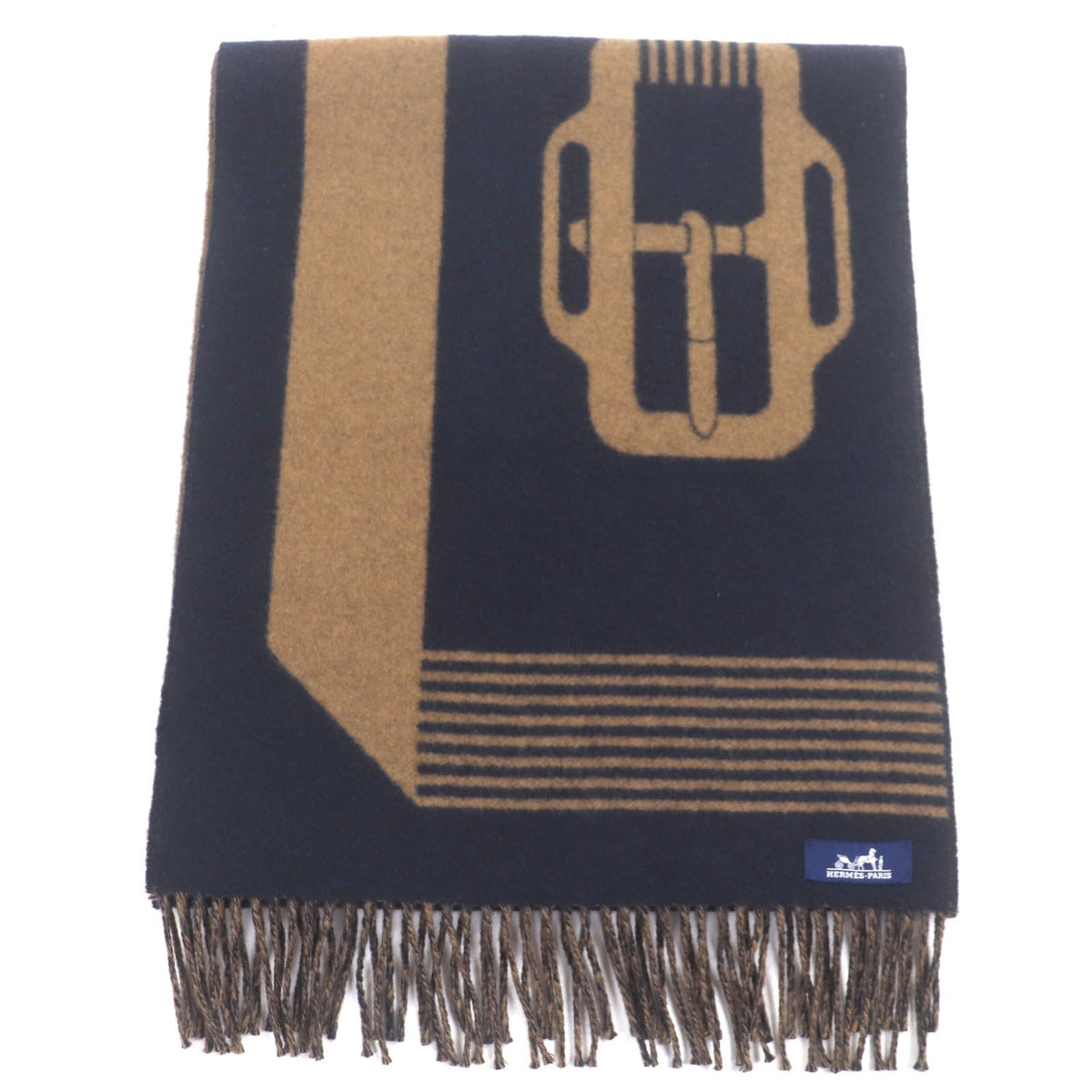Hermes Sangle Boucle Cashmere 100% Jacquard Fringe Large Shawl Scarf Navy