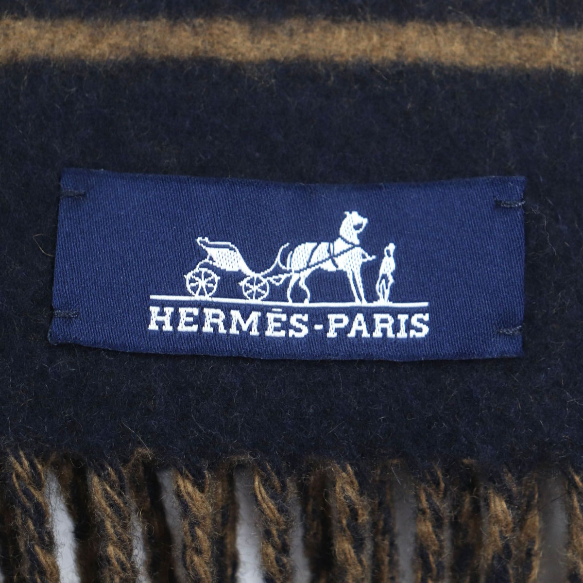 Hermes Sangle Boucle Cashmere 100% Jacquard Fringe Large Shawl Scarf Navy — view 6