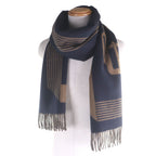 Hermes Sangle Boucle Cashmere 100% Jacquard Fringe Large Shawl Scarf Navy — view 3