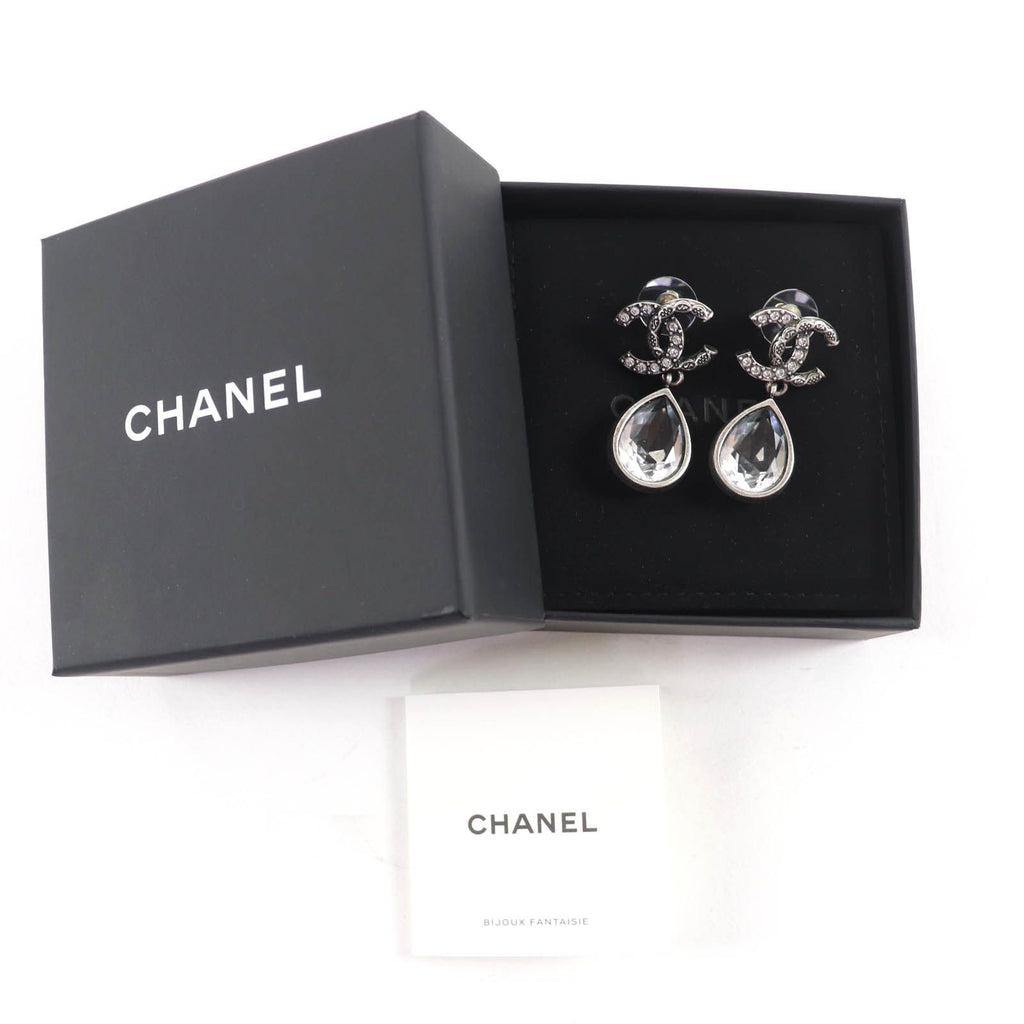 Chanel Metal Crystal CC Logo Bijou Teardrop Earrings Silver — view 2
