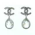 Chanel Metal Crystal CC Logo Bijou Teardrop Earrings Silver