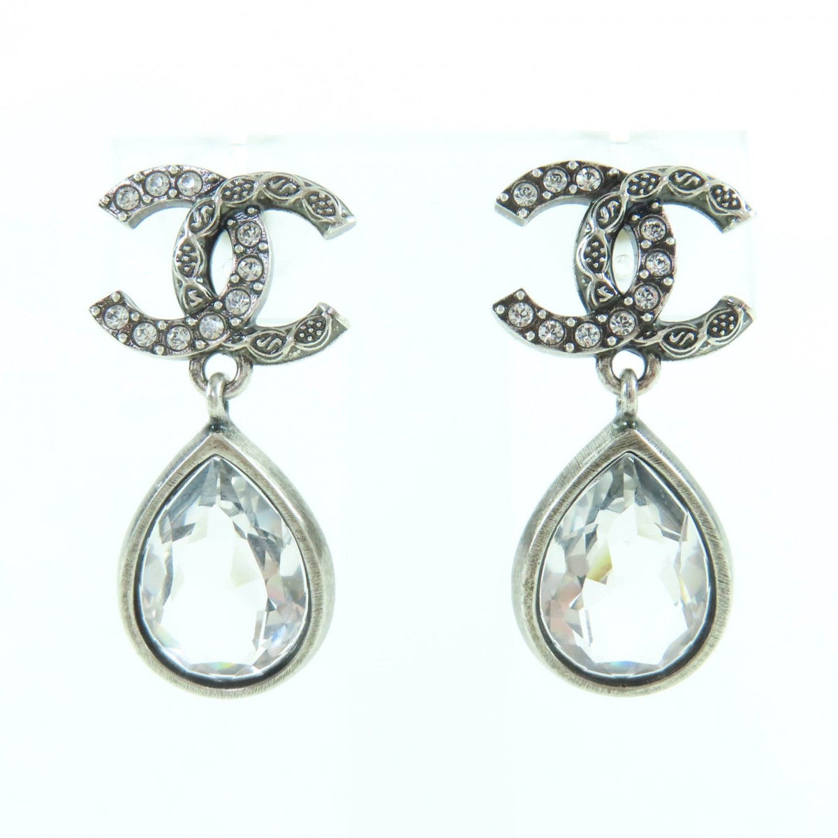 Chanel Metal Crystal CC Logo Bijou Teardrop Earrings Silver