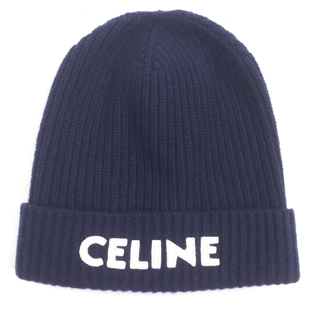 Celine Wool 100% Logo Patch Beanie Hat Knit Cap Navy — view 4