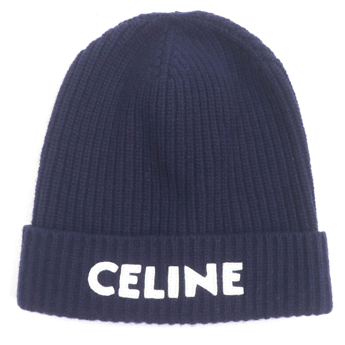 Celine Wool 100% Logo Patch Beanie Hat Knit Cap Navy — view 4