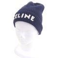 Celine Wool 100% Logo Patch Beanie Hat Knit Cap Navy