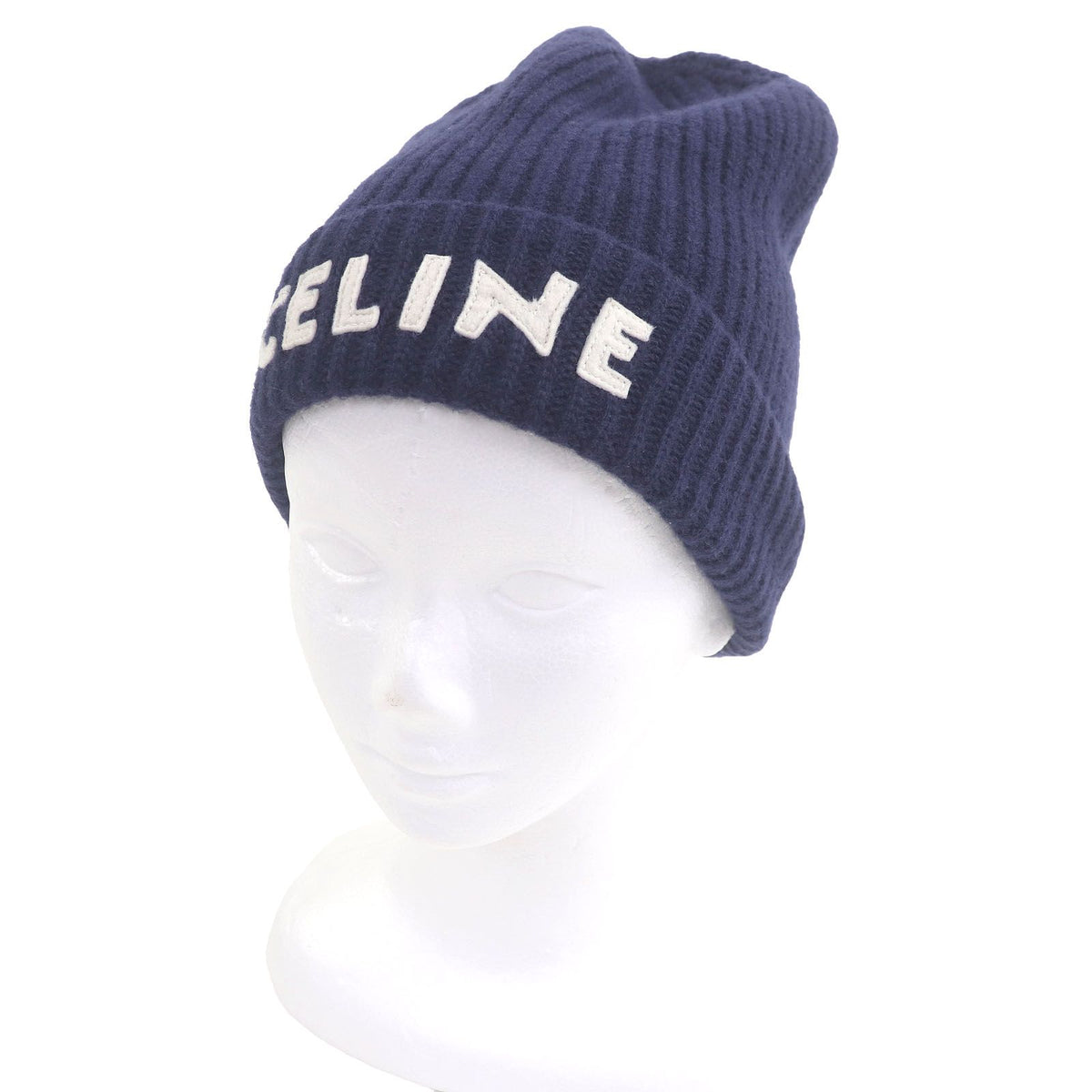 Celine Wool 100% Logo Patch Beanie Hat Knit Cap Navy