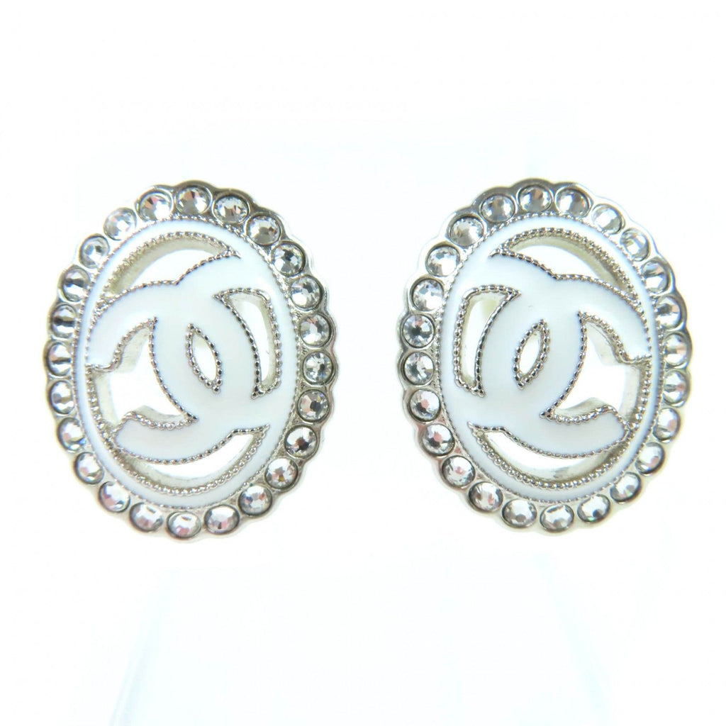 Chanel CC Logo Rhinestone Decorative Earrings White