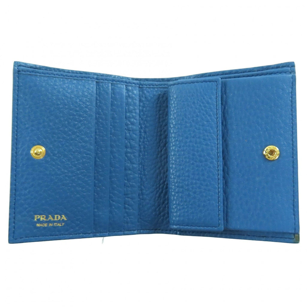 Prada Vitello Grain Letter Ring Logo Leather Compact Wallet Bifold Cobalt — view 6