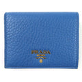 Prada Vitello Grain Letter Ring Logo Leather Compact Wallet Bifold Cobalt