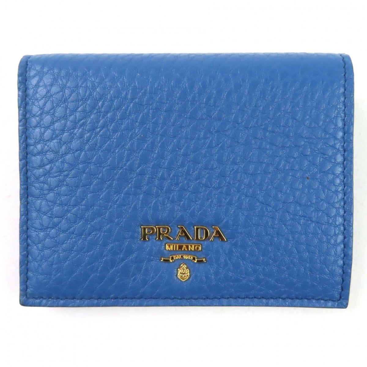 Prada Vitello Grain Letter Ring Logo Leather Compact Wallet Bifold Cobalt