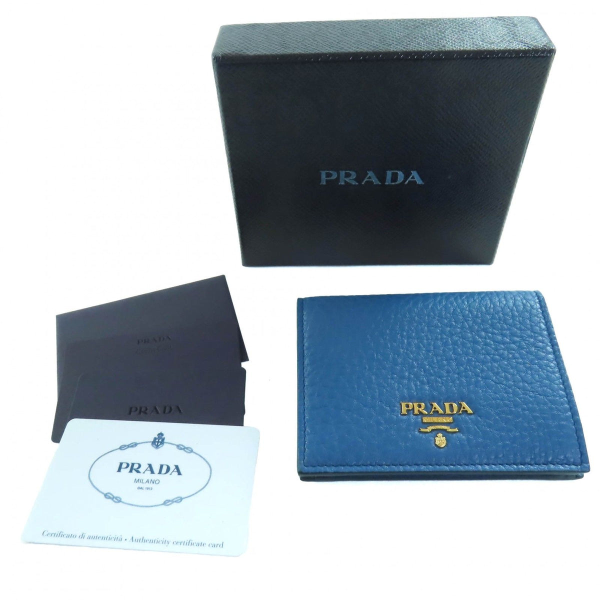 Prada Vitello Grain Letter Ring Logo Leather Compact Wallet Bifold Cobalt — view 2