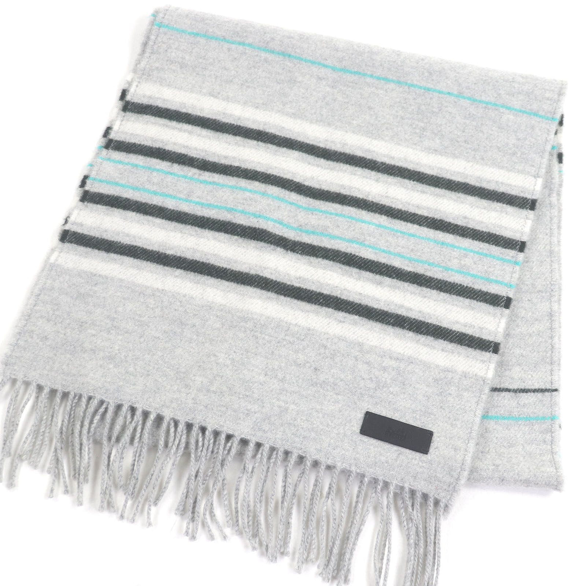 Hermes Cashmere 100% Logo Leather Patch Neo Rocabar Border Fringe Scarf Shawl