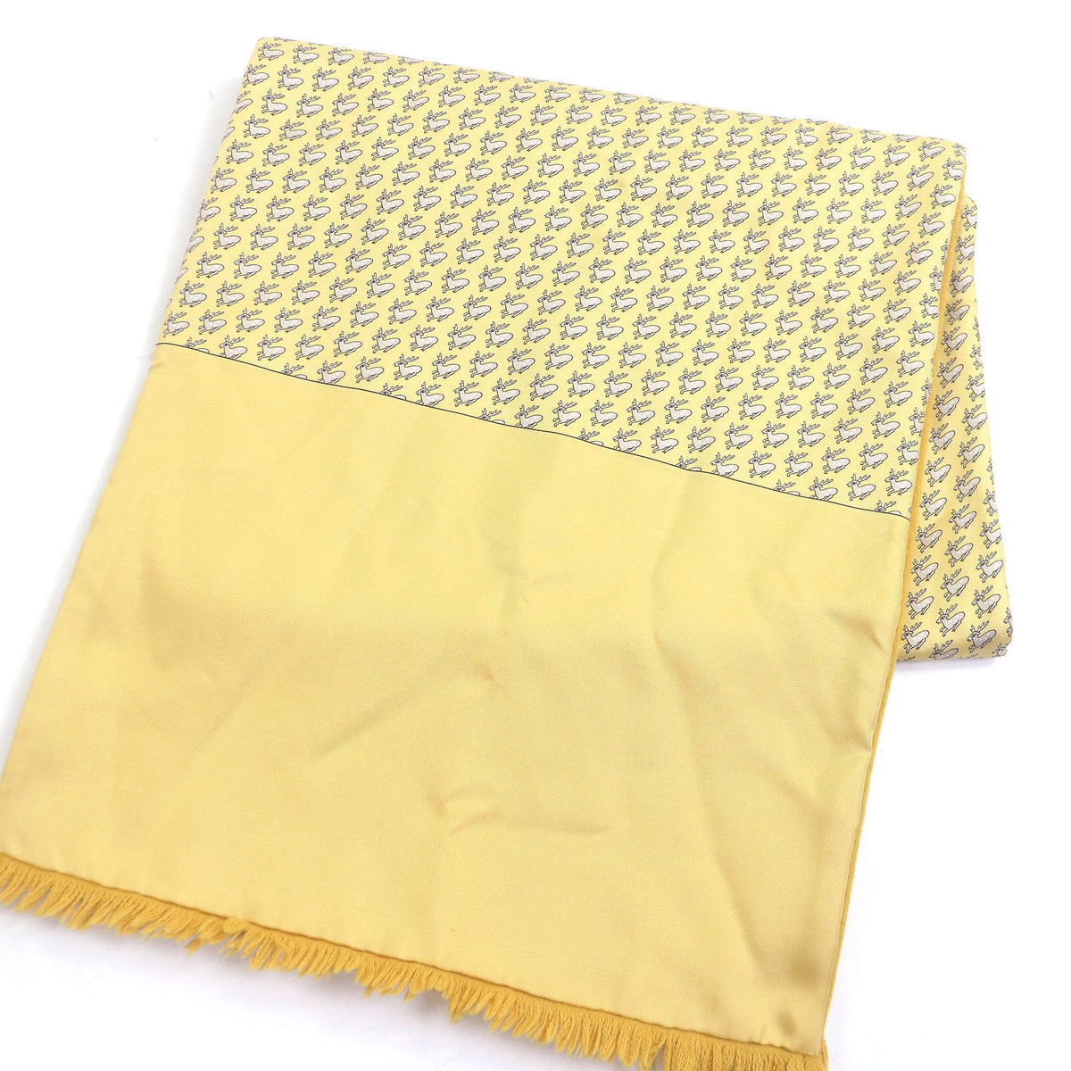 Hermes Silk Angora Deer All Over Print Fringe Shawl Scarf Yellow