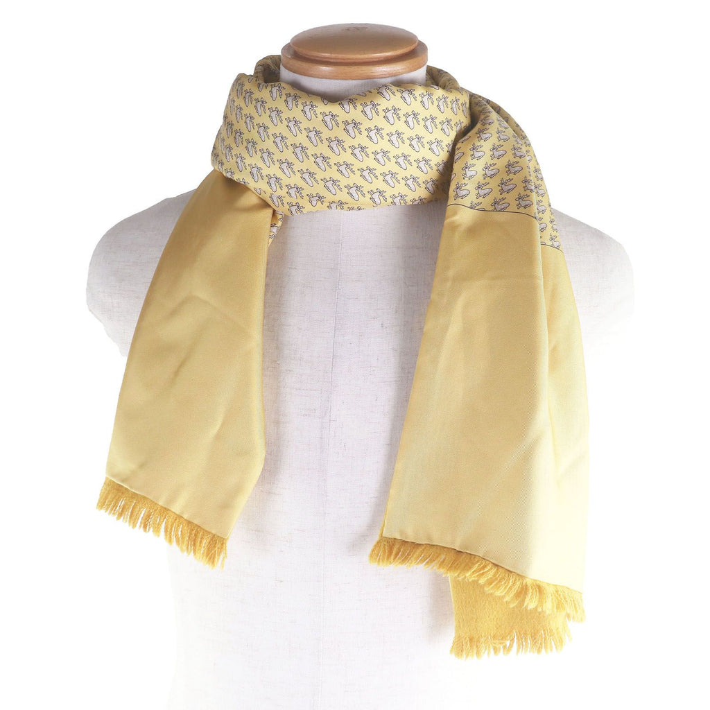 Hermes Silk Angora Deer All Over Print Fringe Shawl Scarf Yellow — view 2
