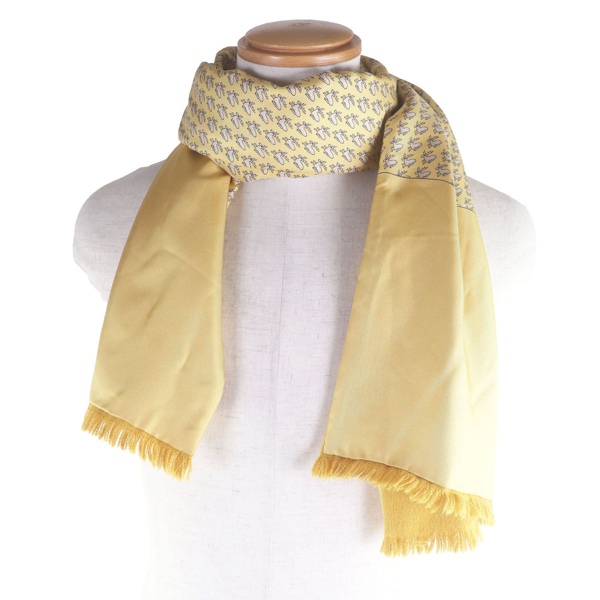 Hermes Silk Angora Deer All Over Print Fringe Shawl Scarf Yellow — view 2