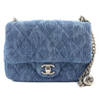 Chanel Denim Mini Quilted CC Logo Camellia Chain Shoulder Bag Indigo