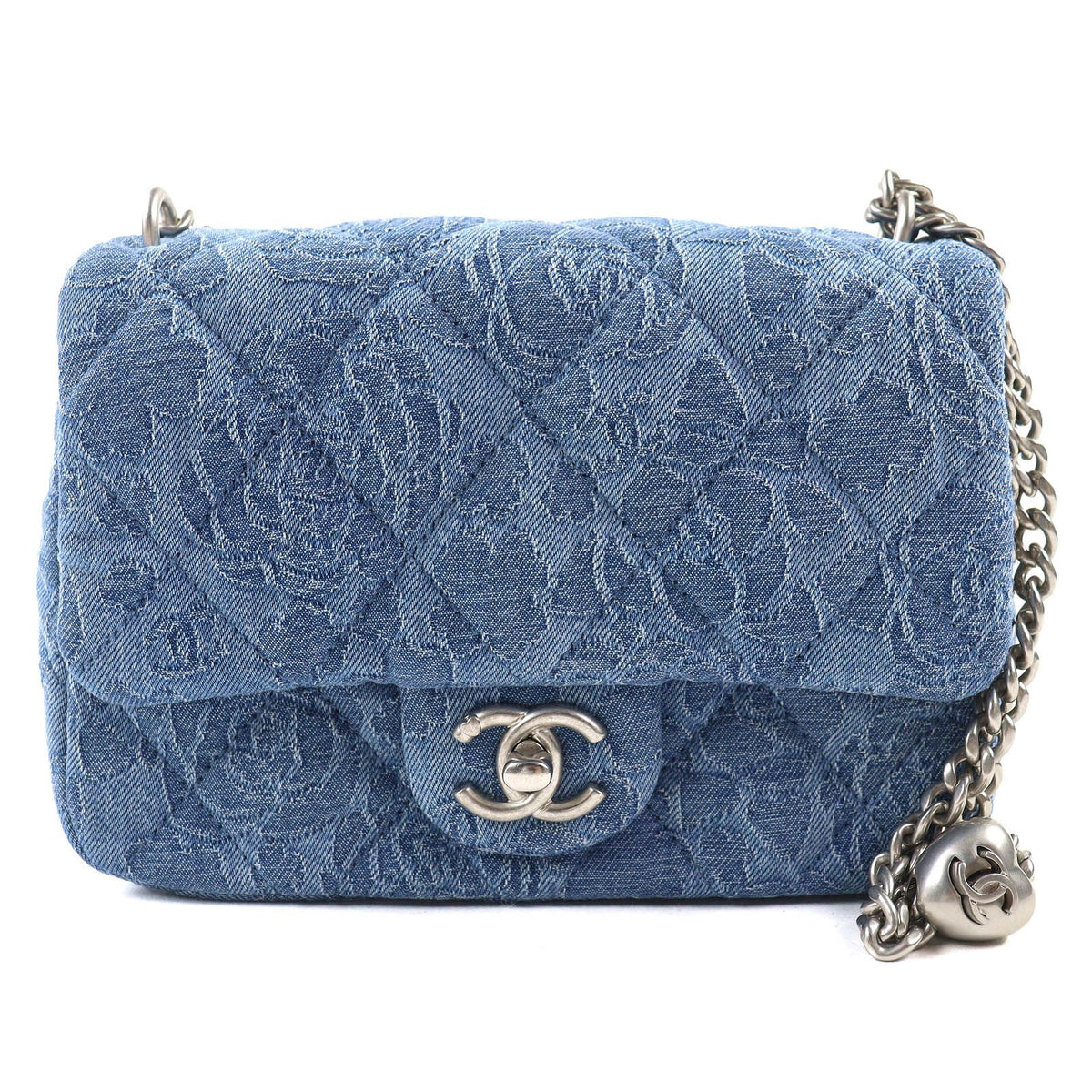 Chanel Denim Mini Quilted CC Logo Camellia Chain Shoulder Bag Indigo