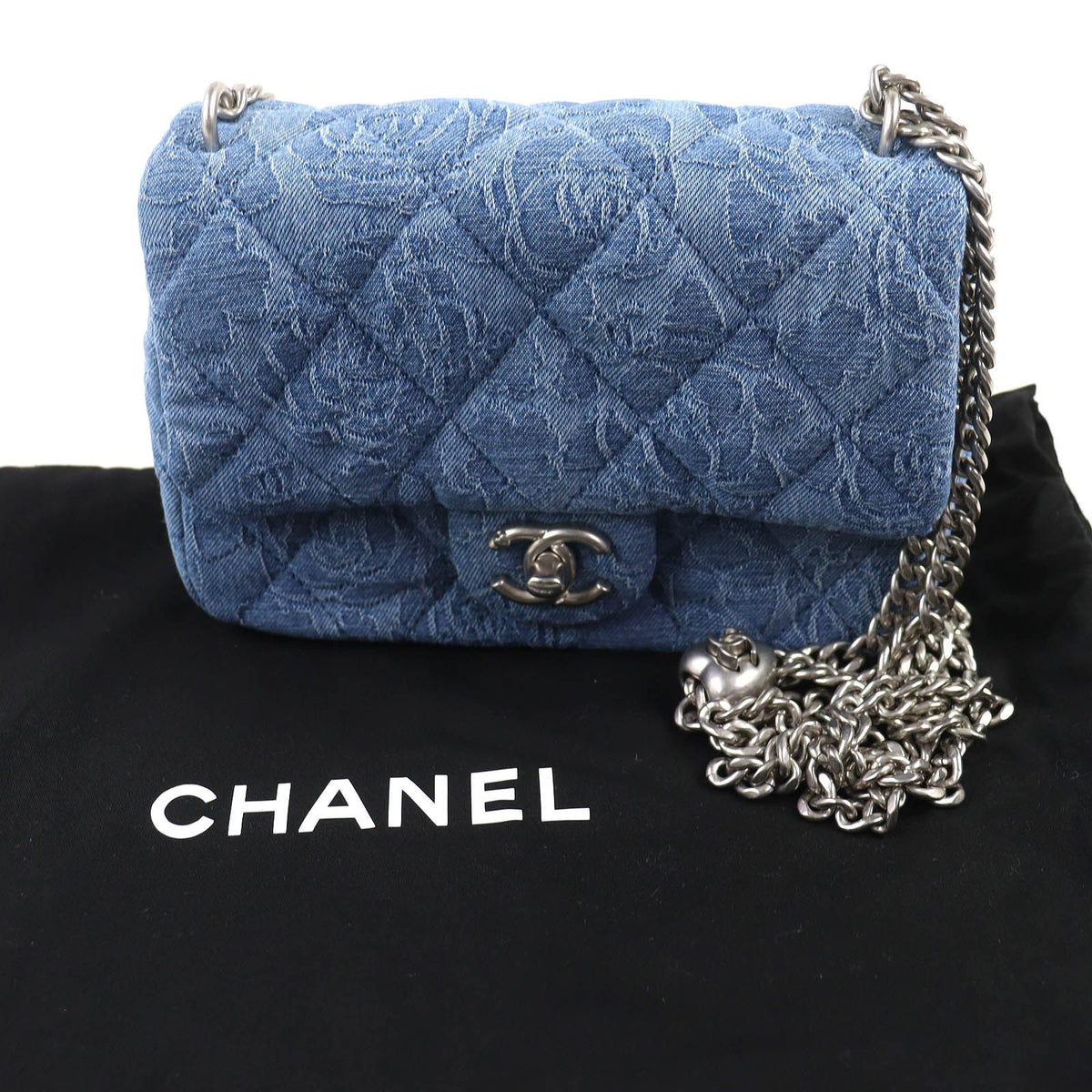 Chanel Denim Mini Quilted CC Logo Camellia Chain Shoulder Bag Indigo — view 2