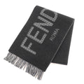 Fendi Wool Cashmere Blend Logo Design Check Pattern with Fringe Scarf Charcoal