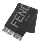 Fendi Wool Cashmere Blend Logo Design Check Pattern with Fringe Scarf Charcoal
