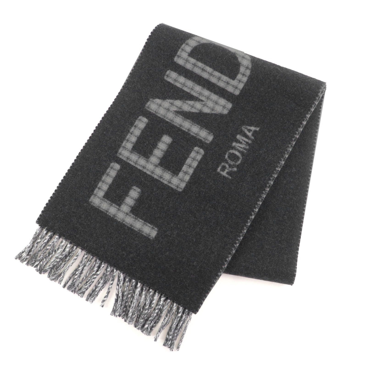 Fendi Wool Cashmere Blend Logo Design Check Pattern with Fringe Scarf Charcoal