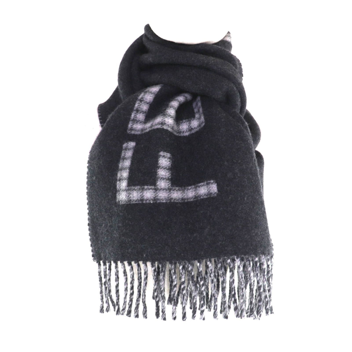 Fendi Wool Cashmere Blend Logo Design Check Pattern with Fringe Scarf Charcoal — view 4