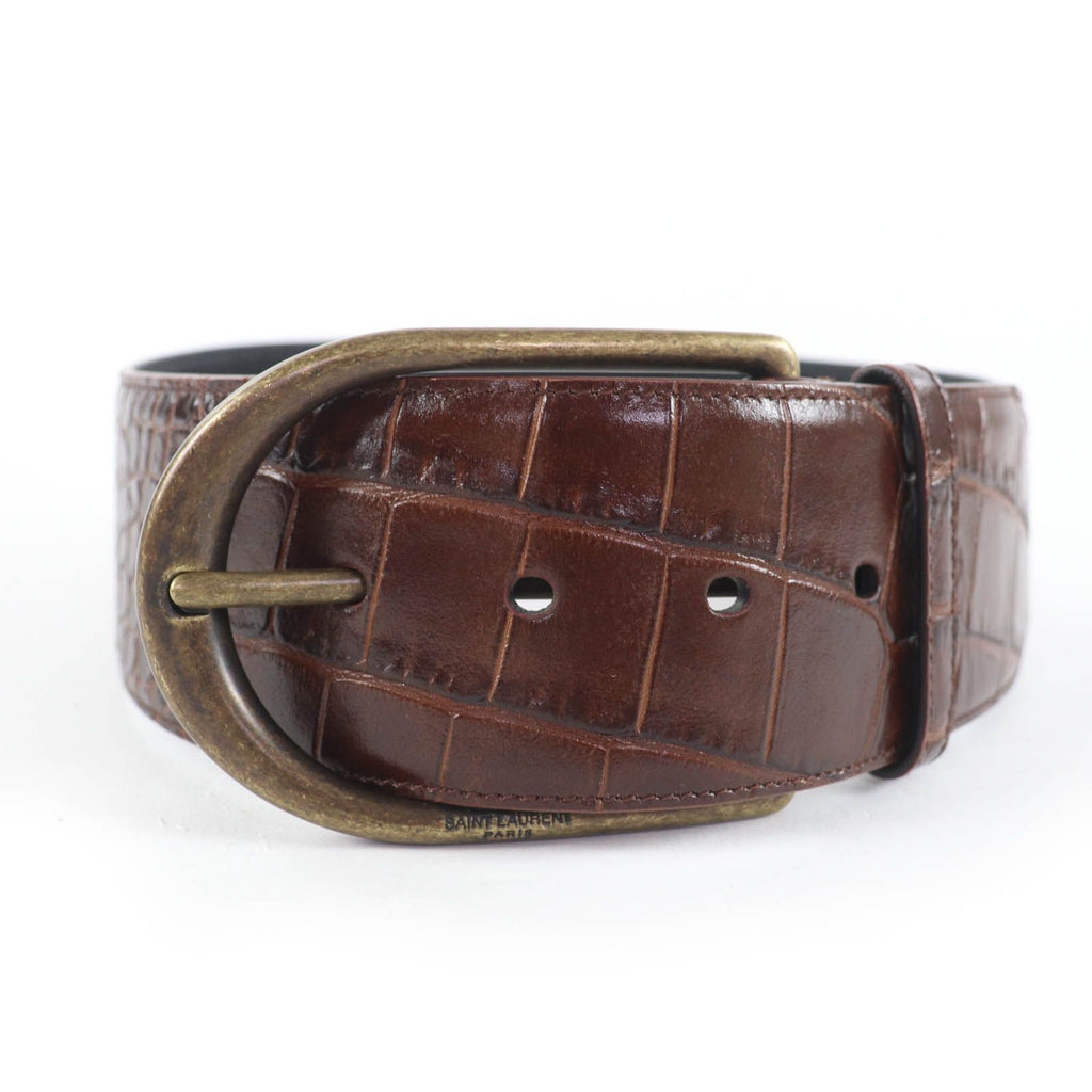 Saint Laurent Logo Croco Embossed Leather Belt Brown 65