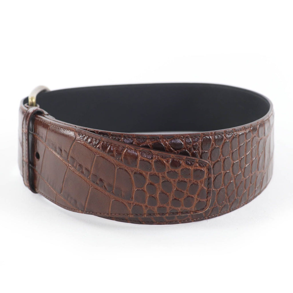 Saint Laurent Logo Croco Embossed Leather Belt Brown 65 — view 3