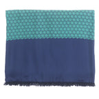 Hermes Silk Angora All Over Print Fringed Reversible Shawl Scarf Navy Green