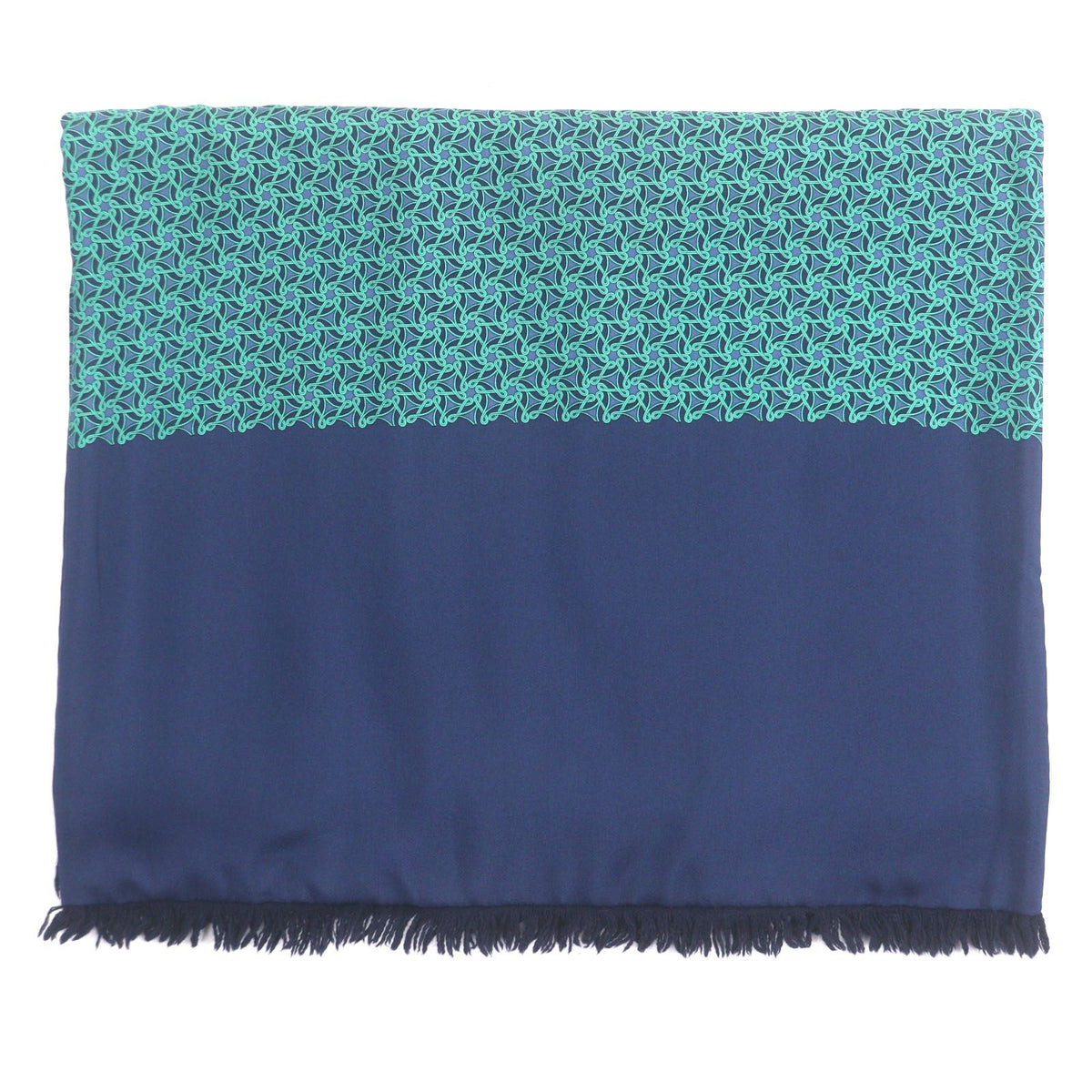 Hermes Silk Angora All Over Print Fringed Reversible Shawl Scarf Navy Green