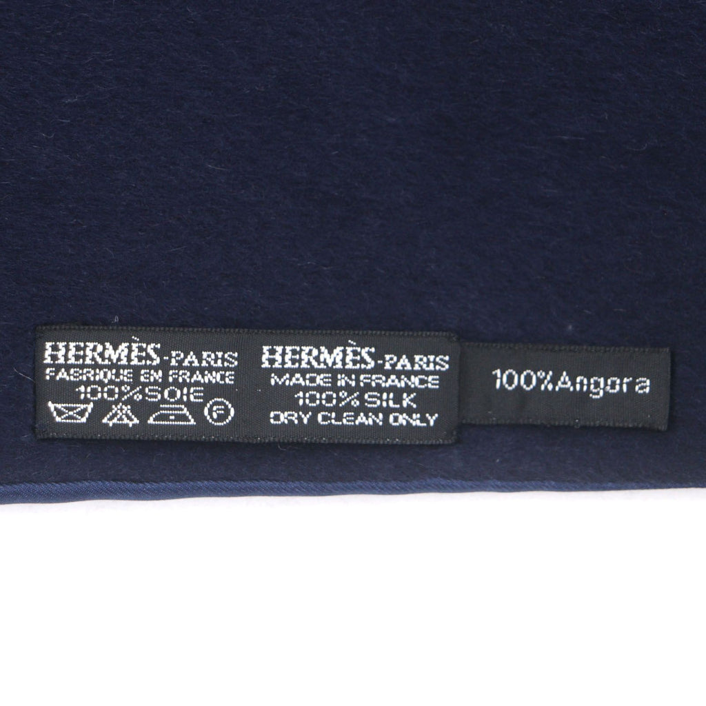 Hermes Silk Angora All Over Print Fringed Reversible Shawl Scarf Navy Green — view 5