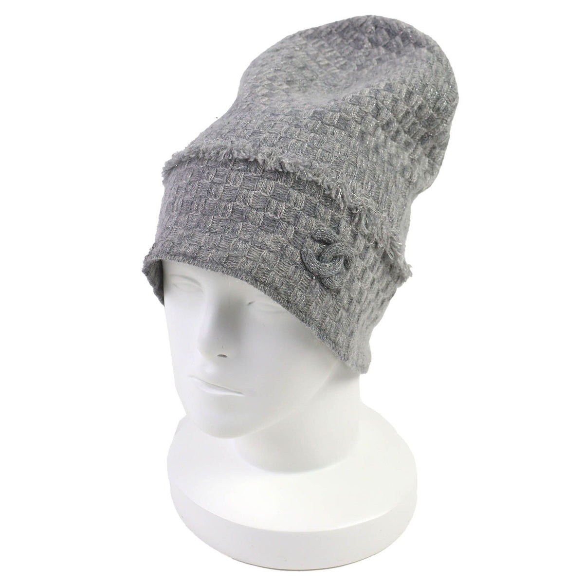 Chanel 16B Cashmere CC Logo Fringe Design Glitter Beanie Knit Cap Gray Hat — view 3