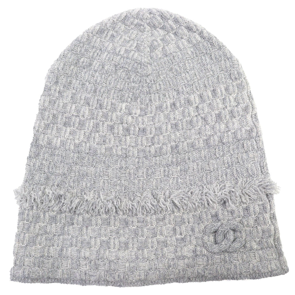 Chanel 16B Cashmere CC Logo Fringe Design Glitter Beanie Knit Cap Gray Hat