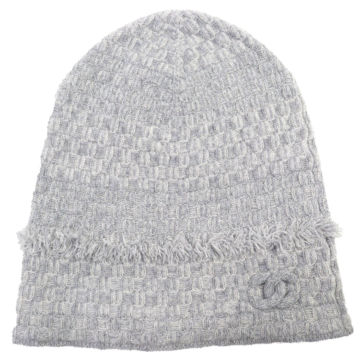 Chanel 16B Cashmere CC Logo Fringe Design Glitter Beanie Knit Cap Gray Hat
