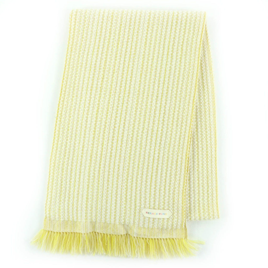 Hermes Cashmere 100% Wavy Double Face Knit Large Scarf with Fringe Yellow