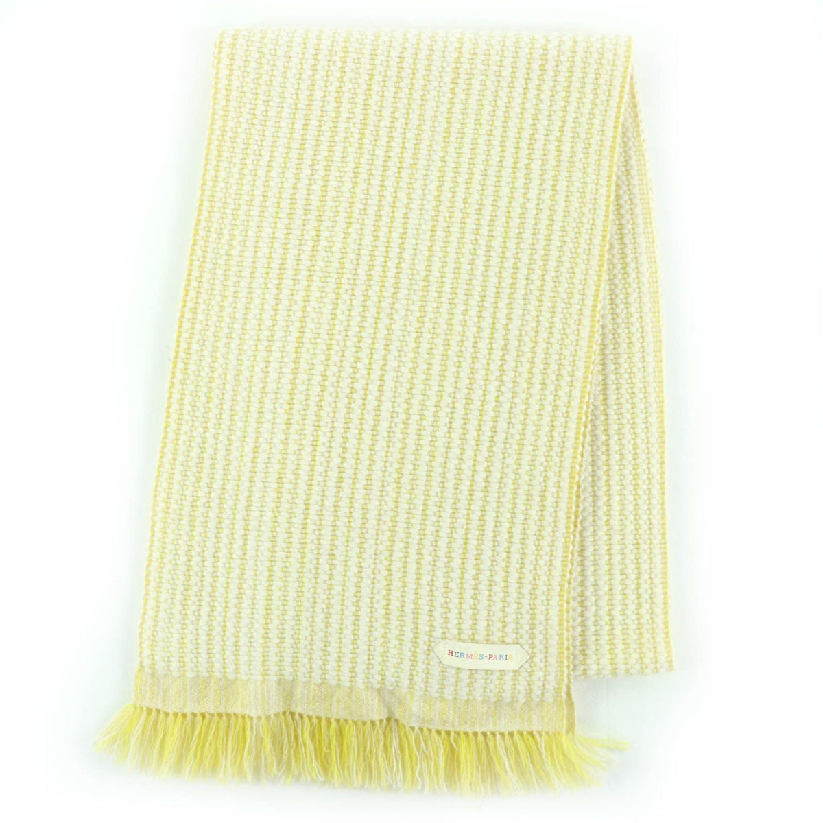 Hermes Cashmere 100% Wavy Double Face Knit Large Scarf with Fringe Yellow